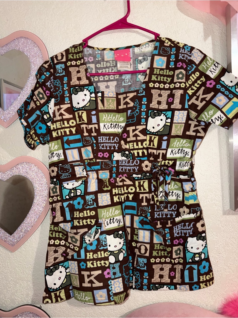 Hello Kitty Brown Multi Short Sleeve Patchwork scrub